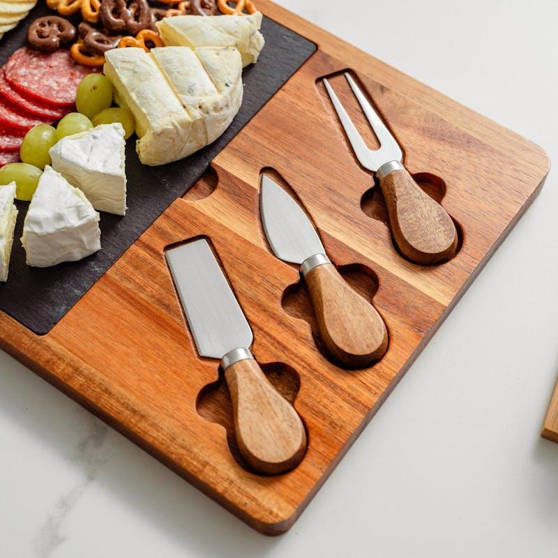 Load image into Gallery viewer, Clevinger 4 Piece Acacia Wood &amp; Slate Cheese Board With Knife Set
