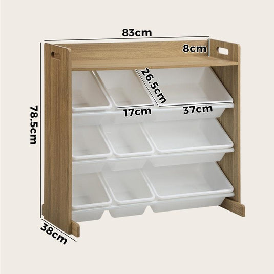 Oikiture 9 Bins Kids Toy Box Bookshelf Organiser Display Shelf Storage Rack Natural