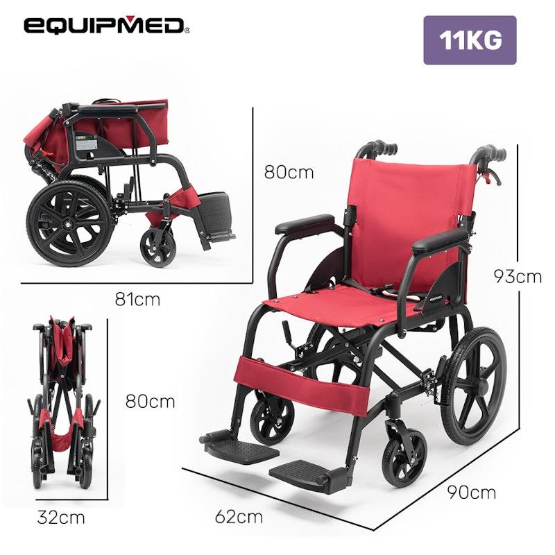Load image into Gallery viewer, Equipmed Folding Transit Wheelchair Lightweight Red
