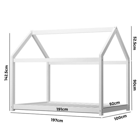 Oikiture Bed Frame Single Wooden Timber House Style Platform White 1unit
