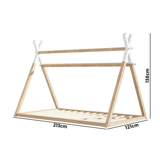 Oikiture Kids Bed Frame Wooden Timber King Single Teepee House Frame Beds 1unit