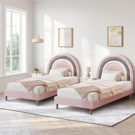 Oikiture Bed Frame Single Size Rainbow Kids Bed Frame Velvet Pink