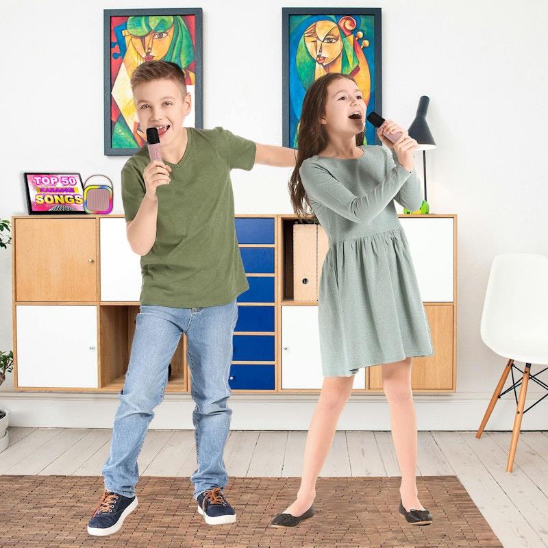 Load image into Gallery viewer, Laser Mini Karaoke Speaker with 2 Wireless Microphones Pink

