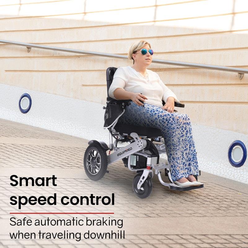 Load image into Gallery viewer, Equipmed Power Electric Wheelchair, Airline Approved Wheel Chair, Lightweight, Folding, Long Range, Lithium Batteries Black &amp; Silver
