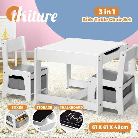 Oikiture Kids Table and Chairs Set Activity Play Study Desk w/ Toys Storage Box White & Grey
