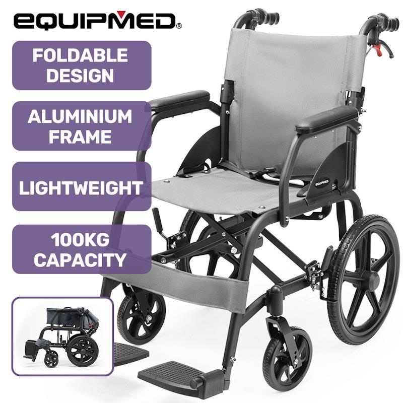 Load image into Gallery viewer, Equipmed Folding Transit Wheelchair Lightweight Grey
