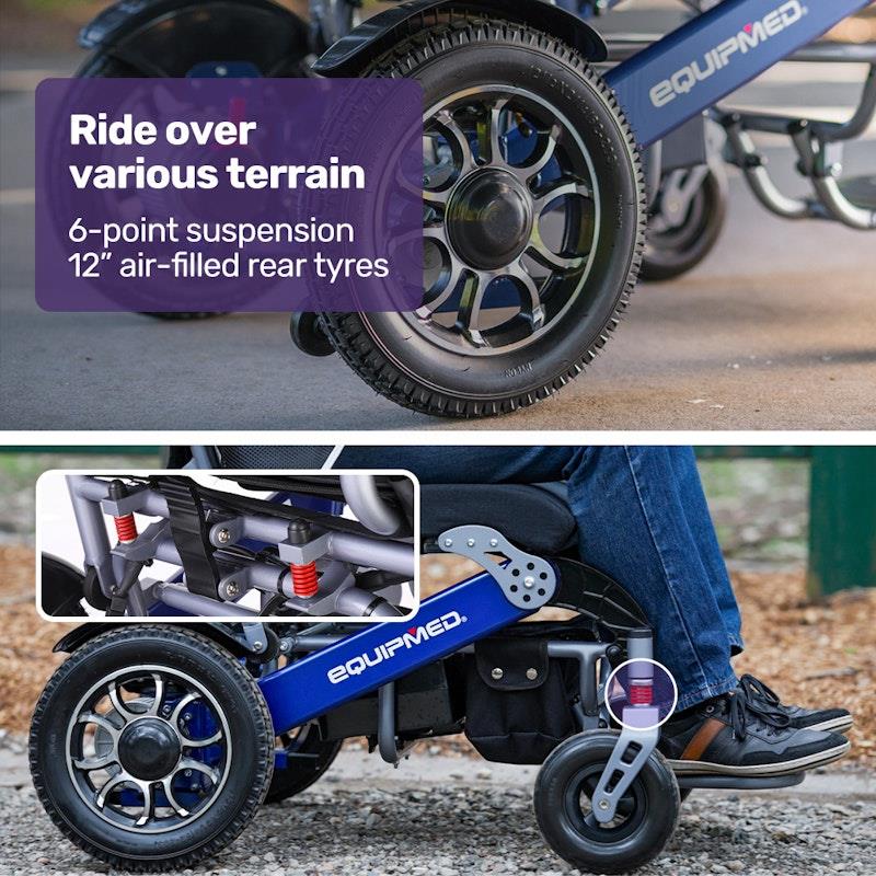 Load image into Gallery viewer, Equipmed Power Electric Wheelchair, Long Range, Airline Approved, Folding, Aluminium Frame, Lithium Battery Blue
