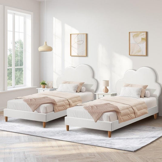 Oikiture Bed Frame Single Size Cloud Kids Bed Frame Leather White