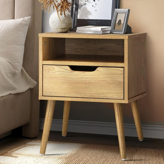 Oikiture Bedside Table Drawers Side Tables Nightstand Bedroom Cabinet Wood Natural