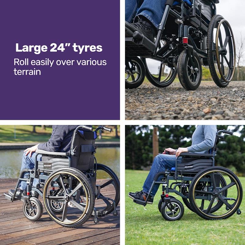 Load image into Gallery viewer, Equipmed Electric Wheelchair Folding, Long Range, 24" Light Rear Wheels Black &amp; Blue
