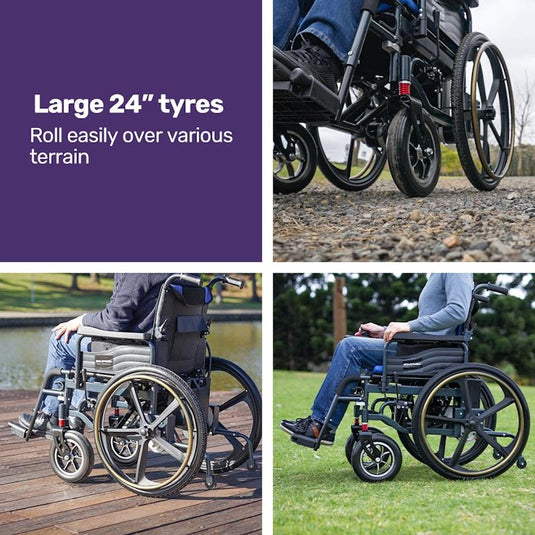 Equipmed Electric Wheelchair Folding, Long Range, 24" Light Rear Wheels Black & Blue
