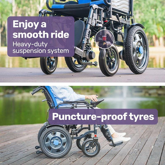 Equipmed Power Electric Wheelchair Longrange For S-XL 16" Wheels Black & Blue