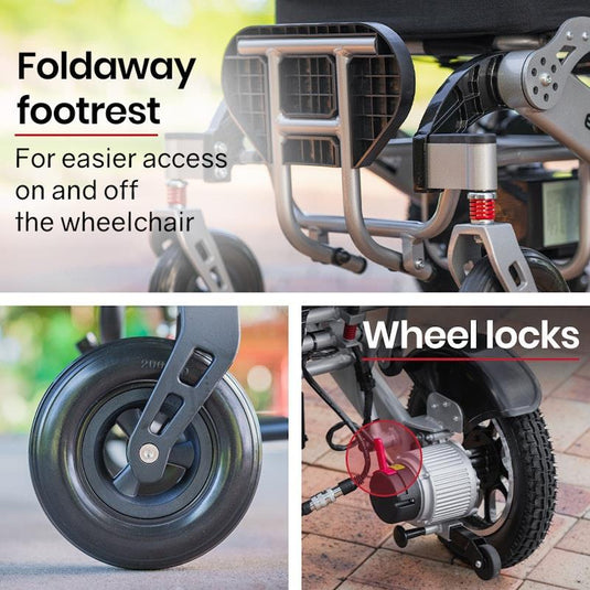 Equipmed Power Electric Wheelchair, Airline Approved Wheel Chair, Lightweight, Folding, Long Range, Lithium Batteries Black & Silver