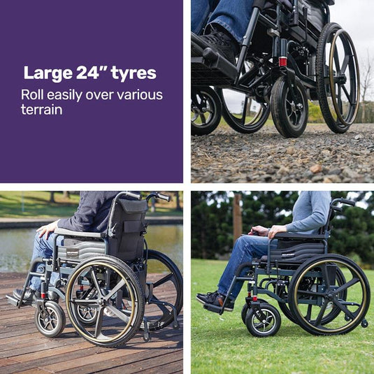 Equipmed Electric Wheelchair Folding Long Range 24" Rear Wheels Black