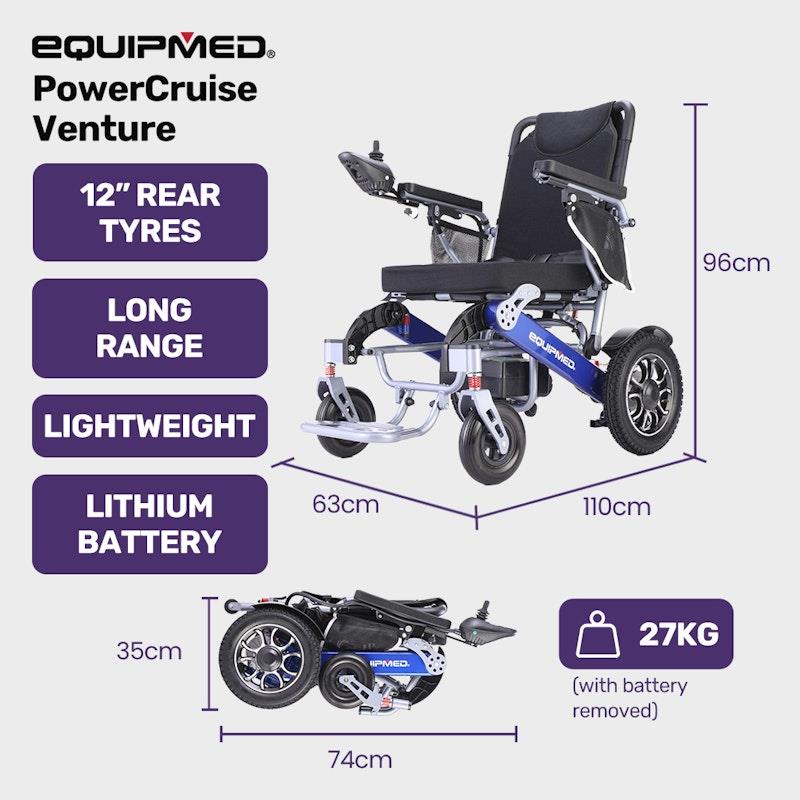 Load image into Gallery viewer, Equipmed Power Electric Wheelchair, Long Range, Airline Approved, Folding, Aluminium Frame, Lithium Battery Blue
