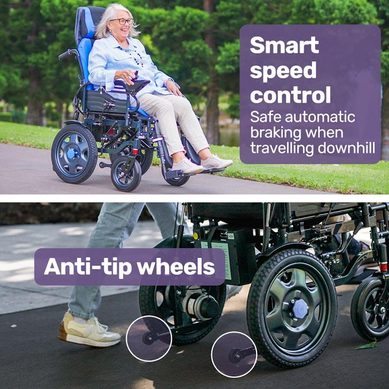 Load image into Gallery viewer, Equipmed Power Electric Wheelchair Longrange For S-XL 16" Wheels Black &amp; Blue
