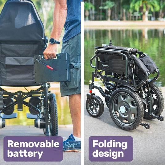 Equipmed Power Electric Wheelchair Longrange For S-XL 16" Wheels Black & Blue