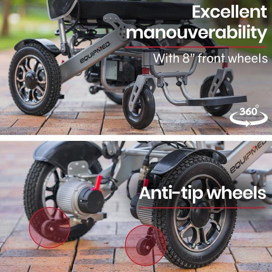 Equipmed Power Electric Wheelchair, Airline Approved Wheel Chair, Lightweight, Folding, Long Range, Lithium Batteries Black & Silver
