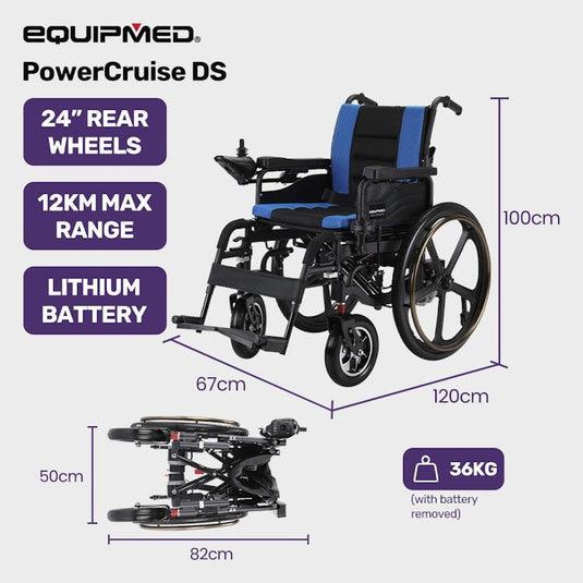 Equipmed Electric Wheelchair Folding, Long Range, 24" Light Rear Wheels Black & Blue