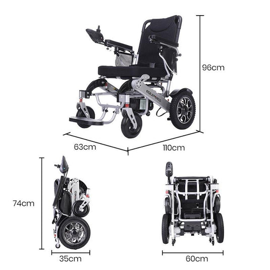 Equipmed Power Electric Wheelchair, Airline Approved Wheel Chair, Lightweight, Folding, Long Range, Lithium Batteries Black & Silver