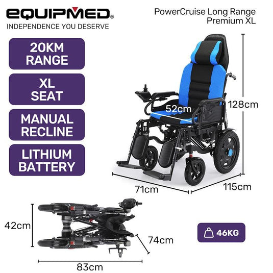 Equipmed Power Electric Wheelchair Longrange For S-XL 16" Wheels Black & Blue