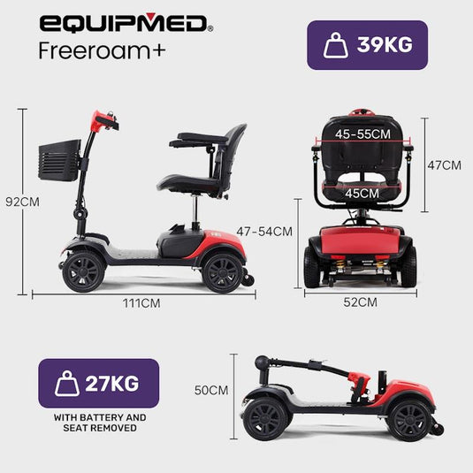 Equipmed Freeroam+ Mid-Sized Foldable Electric Lithium Mobility Scooter Red