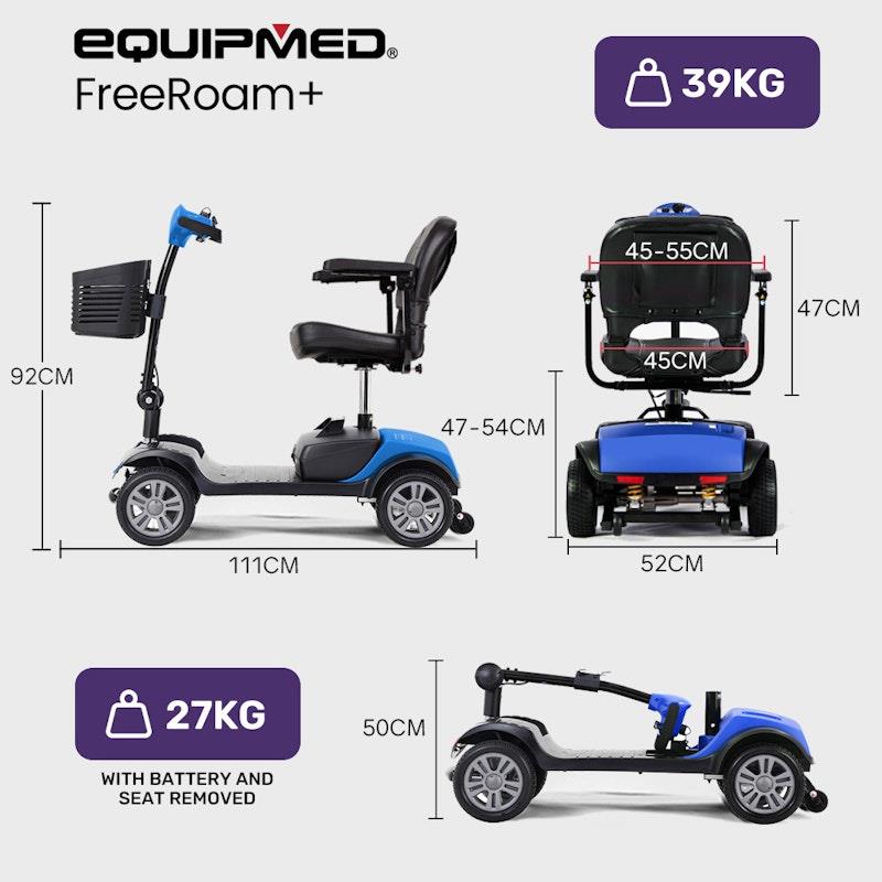 Load image into Gallery viewer, Equipmed Freeroam+ Mid-Sized Foldable Electric Lithium Mobility Scooter Blue
