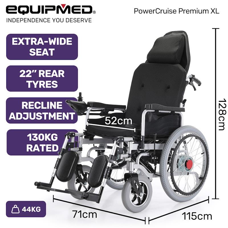 Load image into Gallery viewer, Equipmed Power Electric Wheelchair, XL Wide Bariatric Chair Seat, Long Range, Airline Approved, Recline Adjustment, Lithium Battery, 22" Wheels, Headrest Black
