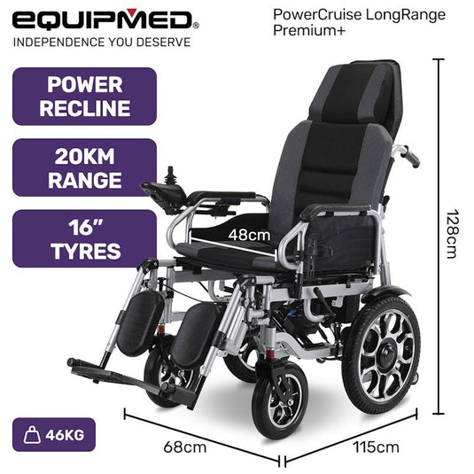 Equipmed Power Electric Wheelchair Longrange Auto Recline Grey & Black