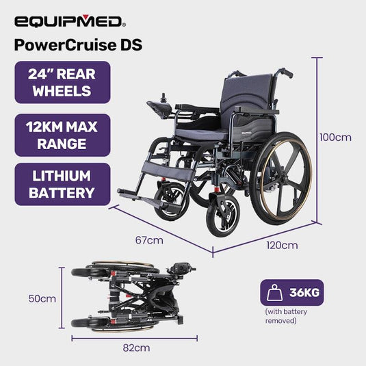 Equipmed Electric Wheelchair Folding Long Range 24" Rear Wheels Black