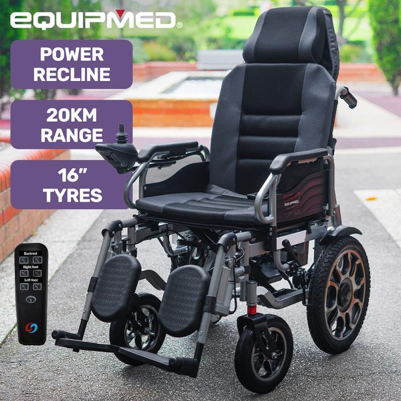 Load image into Gallery viewer, Equipmed Power Electric Wheelchair Longrange Auto Recline Grey &amp; Black
