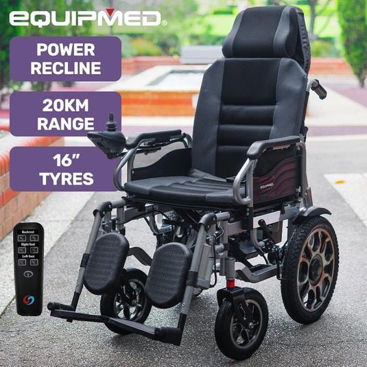 Equipmed Power Electric Wheelchair Longrange Auto Recline Grey & Black