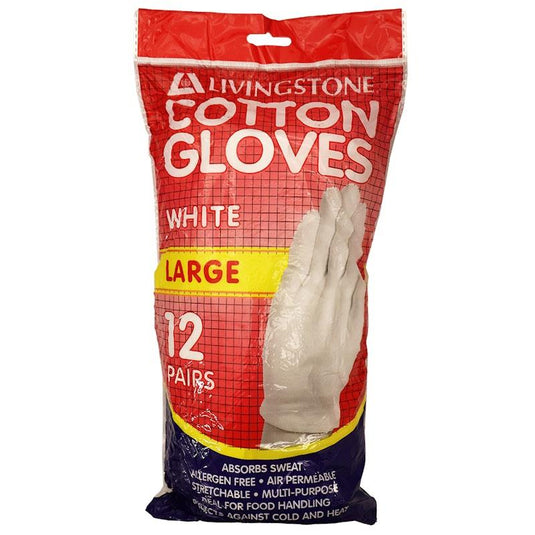 Livingstone Cotton Gloves Large 12 Pairs/Bag