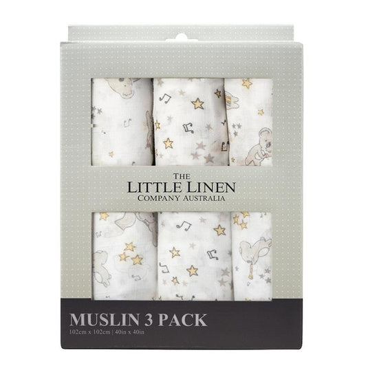 The Little Linen Company Muslin Swaddle 3Pk Prints - Cheeky Koala
