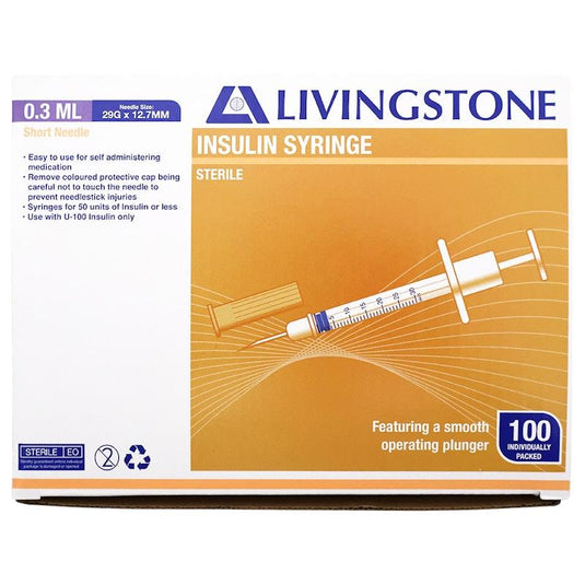 Livingstone Insulin Syringes 0.3mL White Plunger with Needle 29 Gauge Sterile 100 Pieces/Box