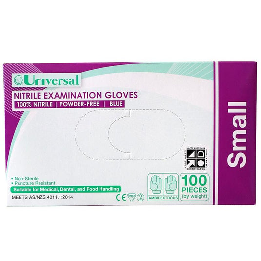 Universal Choice Nitrile Examination Gloves AS NZ Powder Free Small 100 Pieces/Box