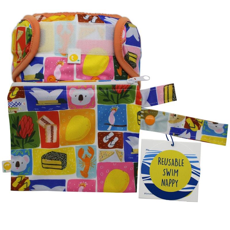 Load image into Gallery viewer, tyoub x Suki McMaster Adjustable Reusable Swim Nappy and Wet Bag - Aussie Icons One Size
