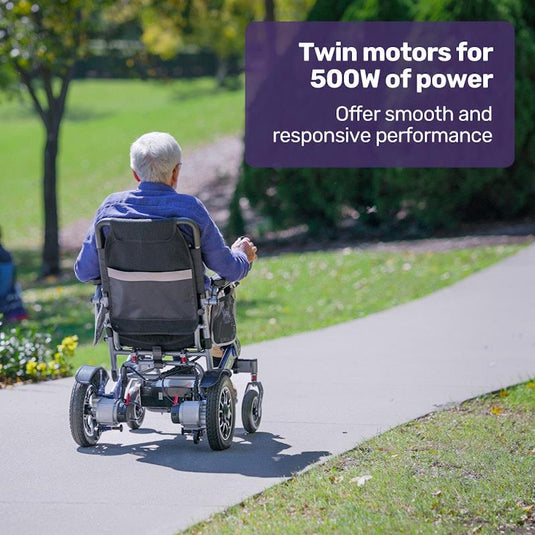 Equipmed Power Electric Wheelchair, Long Range, Airline Approved, Folding, Aluminium Frame, Lithium Battery Blue