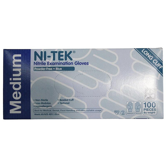 NI-TEK Nitrile Examination Gloves Long Cuff AS NZ Powder Free Medium 100 Pieces/Box