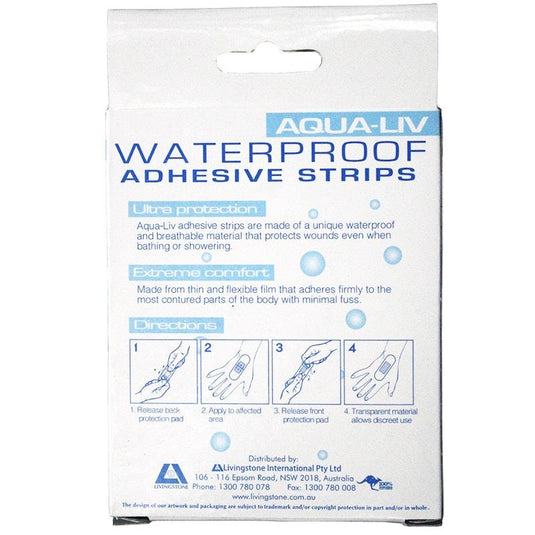Livingstone Aqua-Liv Waterproof First Aid Adhesive Strips with Pad Sterile 7.3 x 2.5cm 30 Pieces/Box