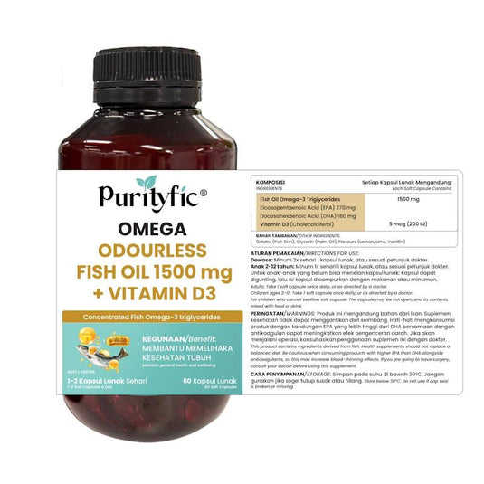 PURITYFIC Omega Odourless Fish Oil + Vitamin D3 (60 Soft Gels) 1Unit