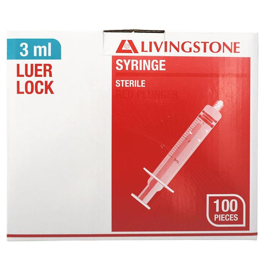Livingstone Syringe Luer Lock Tip Red Plunger Sterile 3ml 100 Pieces/Box