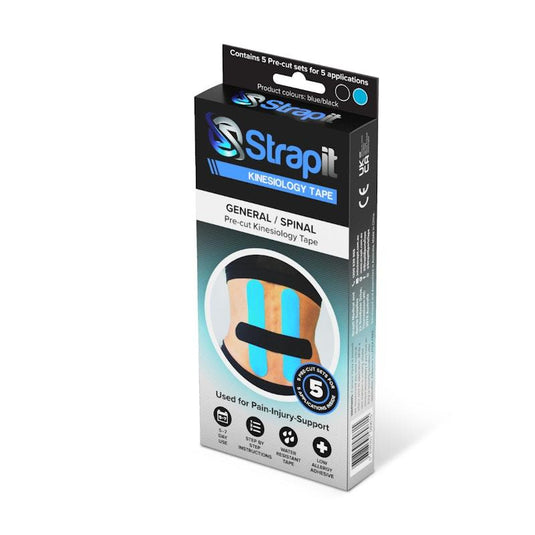 Strapit Back/Spinal/General Precut Kinesiology Tape - BLACK/BLUE - Box of 5 2 Pack