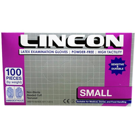 Lincon Biodegradable Latex Examination Gloves AS NZ Powder Free Small 100 Pieces/Box