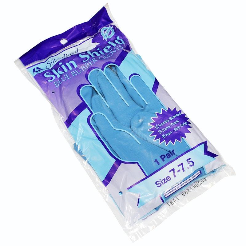 Load image into Gallery viewer, Skin Shield Silver Lined Natural Rubber Gloves Vanilla Scented Pair Blue Size 7-7.5
