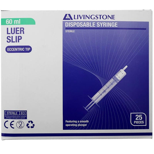 Livingstone Syringe Luer Slip Tip Eccentric Off Centre Nozzle 60ml 25 Pieces/Box