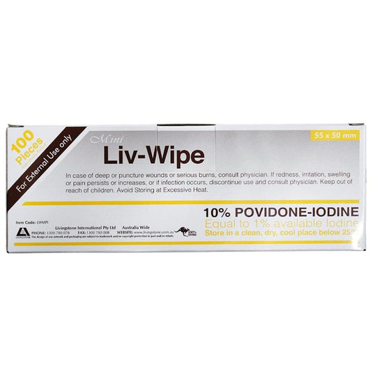 Liv-Wipe Mini 10% Povidone Iodine Wipes 55 x 50mm 100 Pieces/Box
