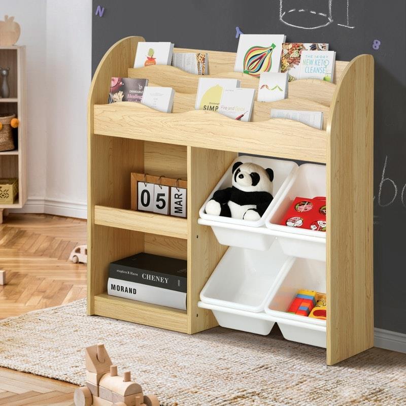 Load image into Gallery viewer, Oikiture Kids Bookshelf 4 Bins Toy Box Storage Organiser Display Shelf Natural &amp; White
