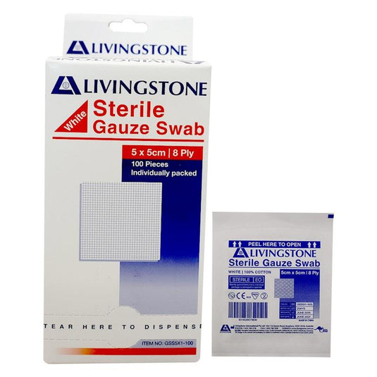 Livingstone Gauze Swabs 8 ply Cotton Sterile 5 x 5 cm 100 Pieces/Box