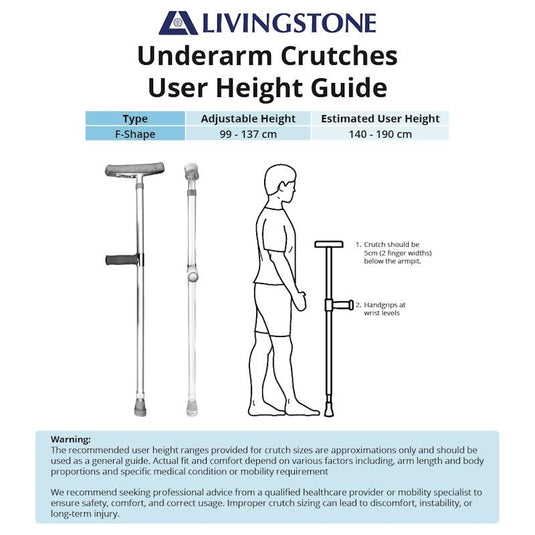 Livingstone Underarm Crutches F-Shape Matte Aluminium Adjustable 99-137cm Each